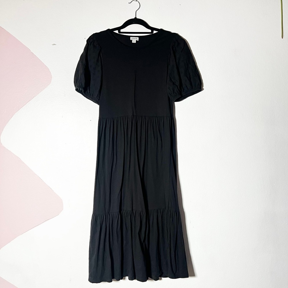 J.Crew Midi Dress Small Black Eyelet Puff Sleeve Tiered 100% Cotton